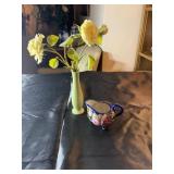 Decorative Green vase with roses and a creamer,