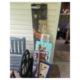 Grouping of signs, a bat, and miscellaneous