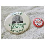 Vintage Political pins Miller Richardson Mayor