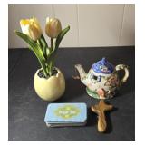 Prayer box,  a cross, yellow tulips arrangement