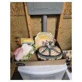 Box lot with rooster plate decor swan planter,