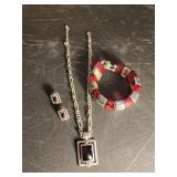 Red and silver bracelet necklace and earrings
