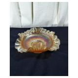Beautiful ruffled carnival glass bowl approx 9