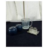 Depression glass cup with chips & salt & pepper