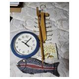 Trout fish, clock tie rack and misc