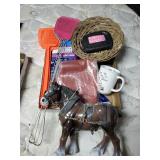 Horse toy rubber gloves and misc