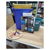 3 good trash cans light bulbs & thermometer