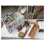 Small wood toys, dipper 3 metal garbage cans and