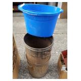 Pair of metal buckets and a plastic bucket