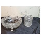 Blackberry & bird pattern glass footed bowl & cup