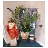 Ceramic Jesus statue, plant and olant stand and
