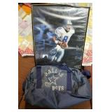 Framed Aikman print and Dallas Cowboys duffel bag