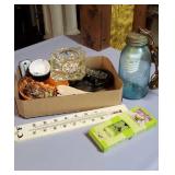 Blue ball jar light, ashtrays & misc