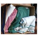 1 curtain and a box of tableclothes
