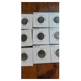 1907 V nickels group of 9