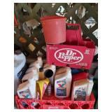 Coca-Cola crate & contents of oil & misc