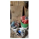 Blue ball quart jar, 3 buckets of contents and a