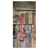 Group of pipe wrenches & lead hammer