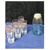 Ball blue quart  jar and Christmas  glasses