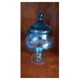 Delicate blue etched glass compote with lid