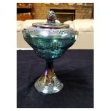 Carnival glass compote with grape and leaf