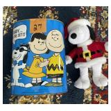 1970 Peanuts garbage can, Santa Snoopy plush