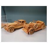 (2) Wooden Vintage Cars w/display cases