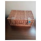 WICKER BOX WITH ANTIQUE DOLLS AND DOLL CLOTHES
