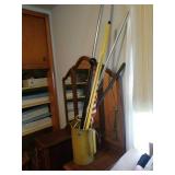 ANTIQUE TIN PITCHER WITH FLAGS, CURTAIN RODS,