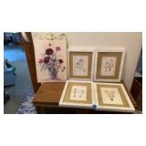 4 MATCHING FLOWER PRINTS AND ONE ON CANVAS