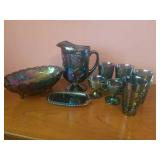 CARNIVAL GLASS, BOWL, PITCHER,  CREAM AND SUGAR,