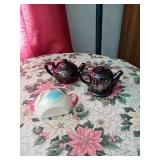 2 CERAMIC TEA POTS AND A CERAMIC WALL HANGING