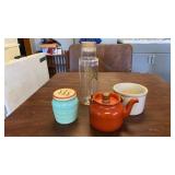 PASTA CONTAINER, CROCK, TEAPOT AND VINTAGE JAR