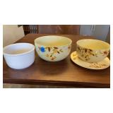 2 HALL BOWLS AND PLATE AND AND WHITE MIXING BOWL