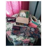 ANTIQUES SINGER PARTS AND ZIGZAGGER AND TABLE