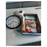 CLOCK, COOK BOOK MAGAZINES,SMOKE DETECTOR AND