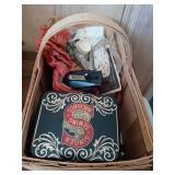 BASKET OF SEWING MISC, SCISSORS, STRING