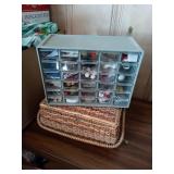 ORGANIZER BOX AND WICKER BASKET OF SEWING AND