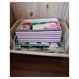 BOX OF SEWING STRINGS AND MAGAZINES