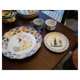 2 HEXAGONAL CUPS, PLATE QUIMPER POTTERY FROM