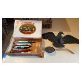 CIGAR BOX , COLLECTIBLE PENS, METAL EAGLE AND