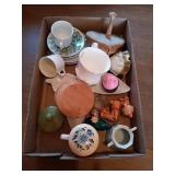 BOX OF DECORATIVE ITEMS , TEA CUPS, AVON