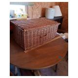 LARGE BROWN WICKER BASKET OF MISC SEWING ITEMS 25