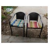 2 BLACK METAL LAWN CHAIRS WITH WICKER BACK AND