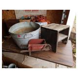 METAL BUSHEL BUCKET, DECORATIVE WHEEL BARROW,
