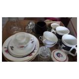 CHINA CUPS, SAUCERS, VASES, GLASS BEAR & OTHER