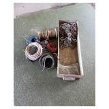 SMALL BIN OF WIRE AND SMALL CHAINS