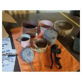 VARIETY OF VINTAGE CONTAINERS AND A SMALL GRINDER