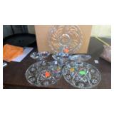 PLATTERS, FANCY GLASS BOWLS AND PAINTED CREAMER