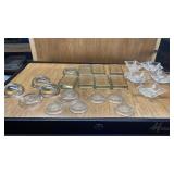 GLASS CASTERS, JAR LIDS AND STAR CANDLESTICK